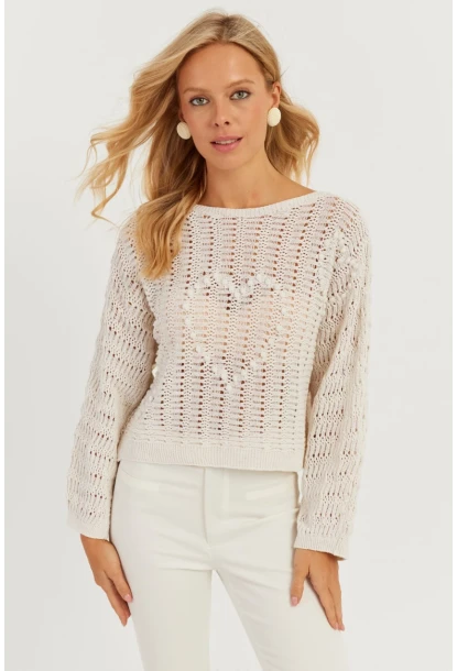 Kadın Ekru Kalpli Ajurlu Triko Bluz MİW3761