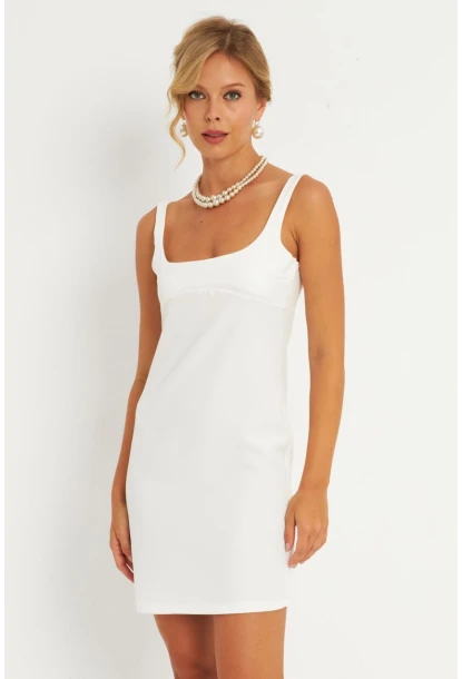 Kadın Ekru Kare Yaka Mini Elbise KED4291