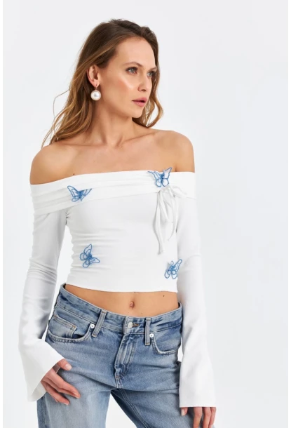 Kadın Ekru Kelebek Detaylı Madonna Yaka Bluz FLU7196