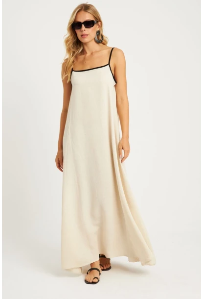 Kadın Ekru Keten Midi Elbise GÇ174