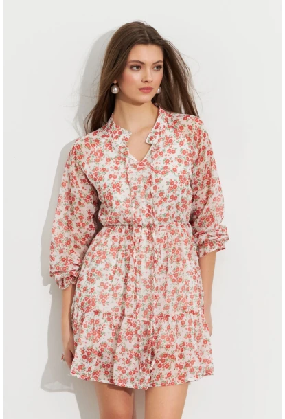Kadın Ekru-Kırmızı Desenli Şifon Mini Elbise ROP107