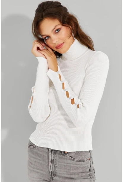 Kadın Ekru Kolları Taş Detaylı Balıkçı Kazak SF2185