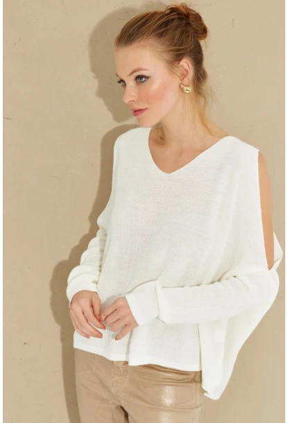 Kadın Ekru Kolu Yırtmaçlı Triko Bluz SMT221
