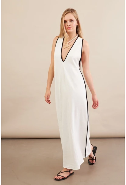 Kadın Ekru Kontrast Çizgili Maxi Keten Elbise MSİ101