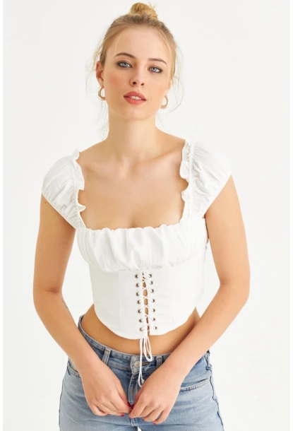 Kadın Ekru Kuş Gözlü Crop Bluz YEL221128