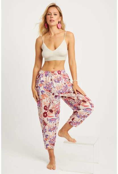 Kadın Ekru-Lila Desenli Keten Şalvar Pantolon K1253