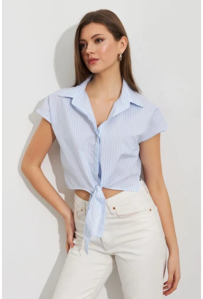 Kadın Ekru-Mavi Çizgili Bağlamalı Crop Gömlek MPC306
