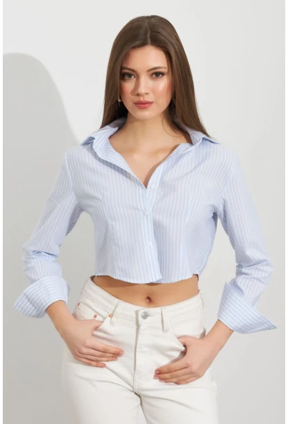 Kadın Ekru-Mavi Çizgili Crop Gömlek MPC305