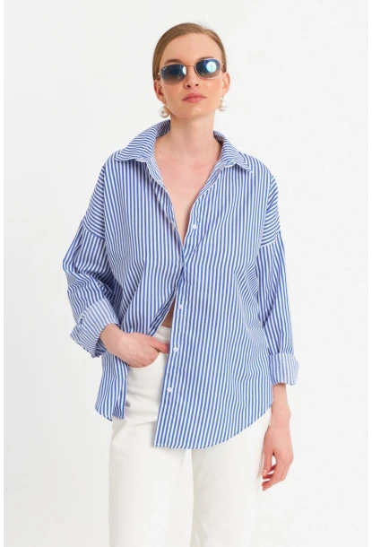 Kadın Ekru-Mavi Çizgili Gömlek ZER425