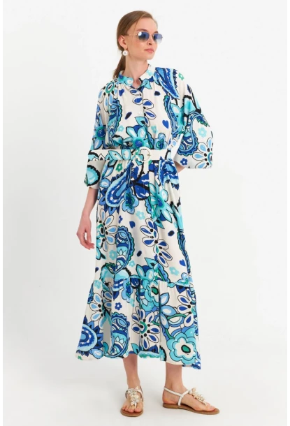 Kadın Ekru-Mavi Desenli Kemerli Midi Gömlek Elbise MSH3051