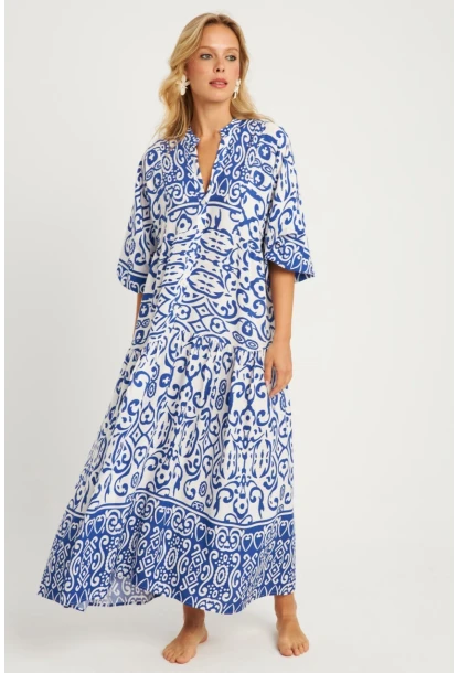 Kadın Ekru-Mavi Desenli Midi Elbise MGÇ169