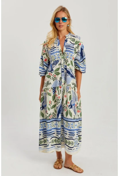 Kadın Ekru-Mavi Desenli Salaş Maxi Elbise GÇ166