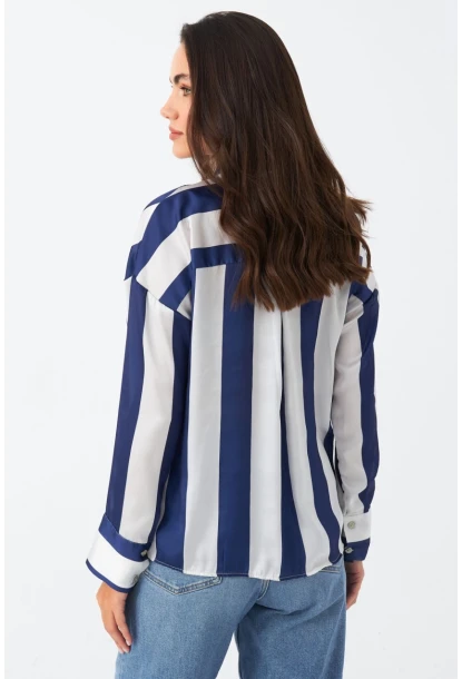 Kadın Ekru-Mavi Desenli Saten Gömlek MSHR500