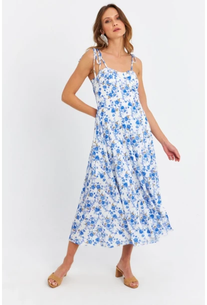 Kadın Ekru-Mavi İp Askılı Çiçekli Midi Elbise ERL10013