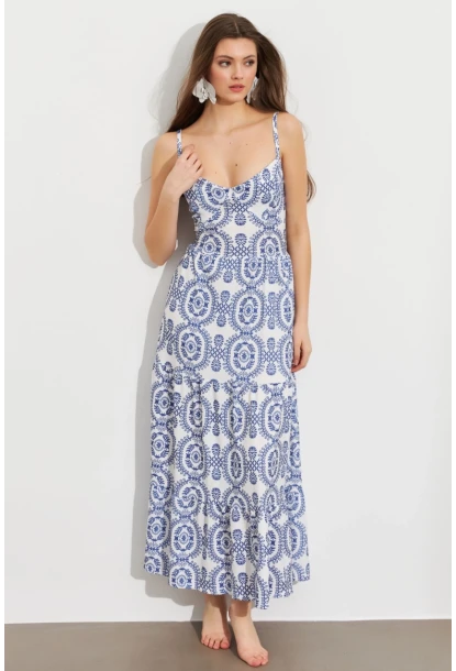 Kadın Ekru-Mavi Sırt Dekolteli Desenli Maxi Elbise LİT110