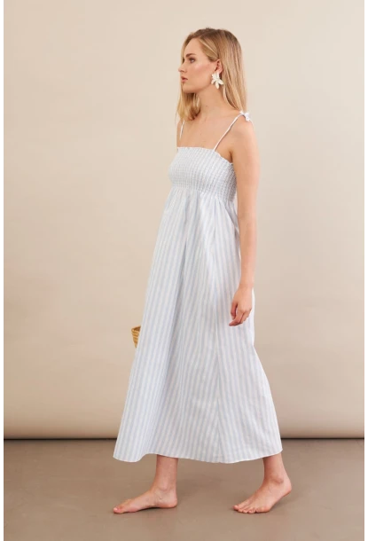 Kadın Ekru-Mavi Straplez çizgili Plaj Elbisesi OR502