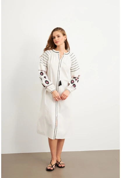 Kadın Ekru Nakışlı Balon Kol Keten Midi Elbise MQS5689-1