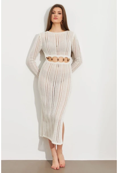 Kadın Ekru Önü Pencereli Ajurlu Plaj Elbisesi KZ545