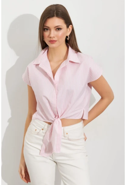 Kadın Ekru-Pembe Çizgili Bağlamalı Crop Gömlek MPC306