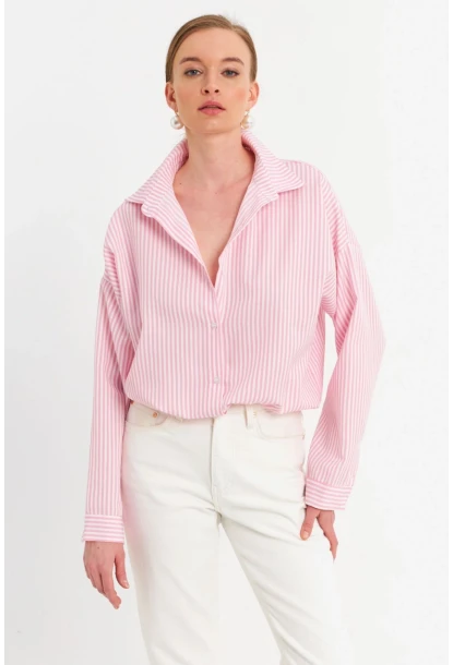 Kadın Ekru-Pembe Çizgili Gömlek ZER425
