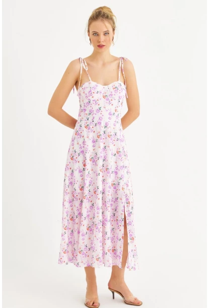 Kadın Ekru-Pembe İp Askılı Çiçekli Midi Elbise ERL10013
