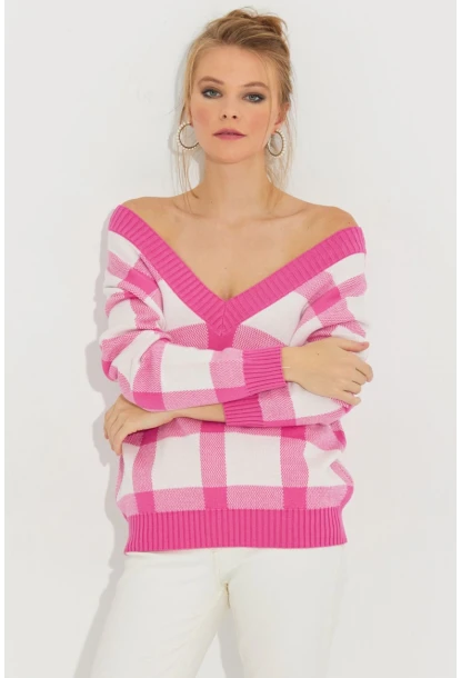 Kadın Ekru-Pembe V Yaka Ekose Triko Kazak TH1102