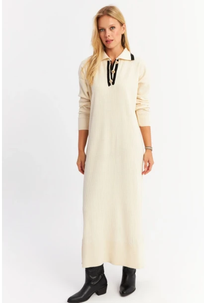 Kadın Ekru Polo Yaka Triko Maxi Elbise MNUV17