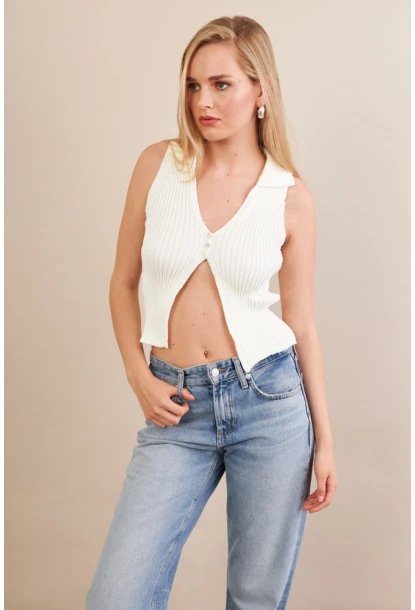 Kadın Ekru Polo Yaka Yumoş Yelek ZH050