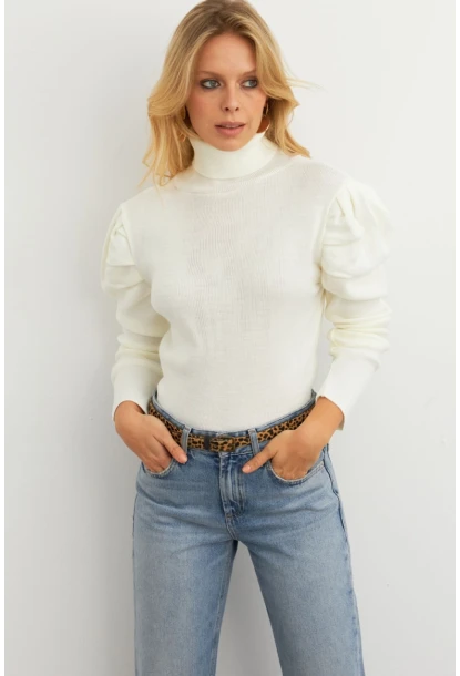 Kadın Ekru Prenses Kol Balıkçı Yaka Triko Bluz MSF2555