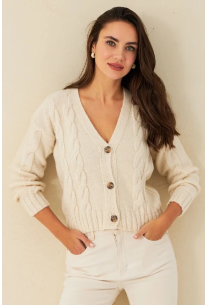 Kadın Ekru Saç Örgülü Hırka YV295