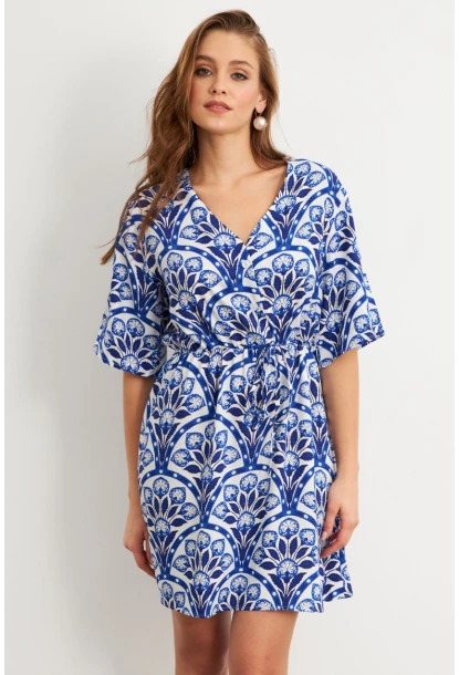 Kadın Ekru-Saks Desenli Mini Elbise Q1006