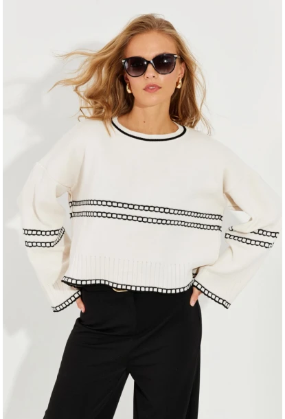 Kadın Ekru Salaş Triko Kısa Kazak YZ518