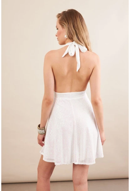 Kadın Ekru Sırtı Açık Payetli Astarlı Mini Elbise DCF046