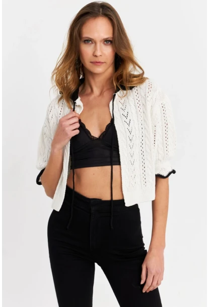 Kadın Ekru-Siyah Ajurlu Triko Hırka YV307