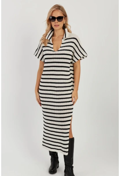 Kadın Ekru-Siyah Ajurlu Triko Midi Elbise YZ622