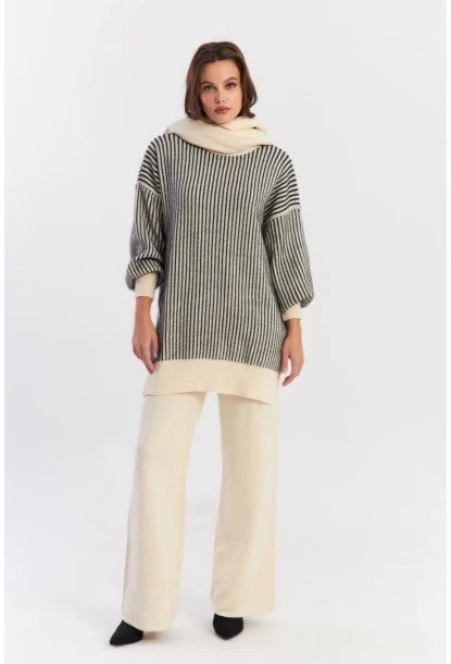 Kadın Ekru-Siyah Alt Üst Pantalon Triko Takım NUV35