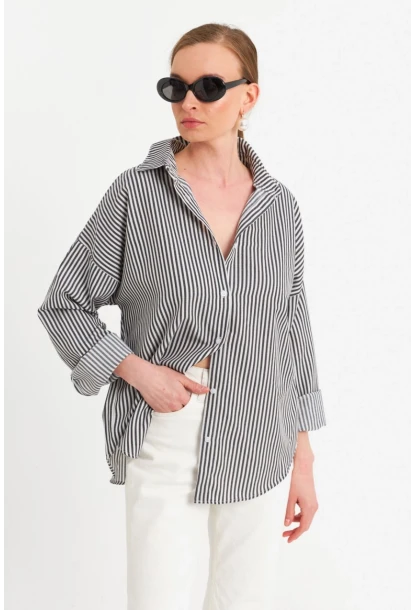 Kadın Ekru-Siyah Çizgili Gömlek ZER425