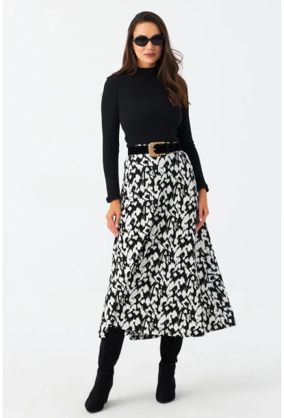 Kadın Ekru-Siyah Desenli Çan Etek MLON3007
