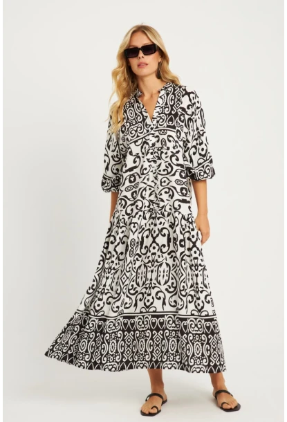 Kadın Ekru-Siyah Desenli Midi Elbise GÇ169