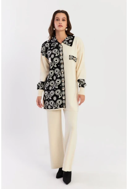 Kadın Ekru-Siyah Desenli Triko Alt Üst Takım NUV1066