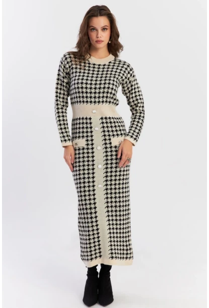 Kadın Ekru-Siyah Düğme Aksesuarlı Desenli Maxi Elbise NUV41