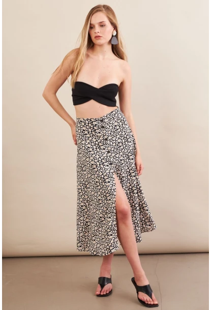 Kadın Ekru-Siyah Düğmeli Midi Etek SH60