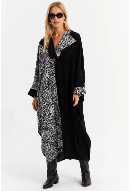 Kadın Ekru-Siyah Leopar Bloklu Maxi Elbise MALO15