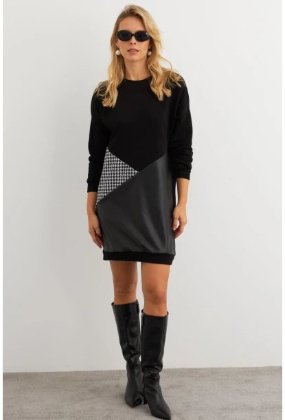 Kadın Ekru-Siyah Leopar Desenli Mini Sweat Elbise ST145