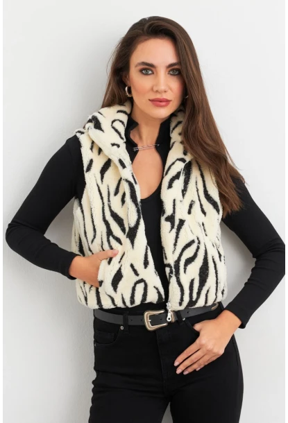 Kadın Ekru-Siyah Peluş Desenli Kısa Yelek ELT1118