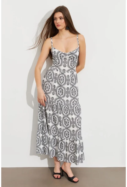 Kadın Ekru-Siyah Sırt Dekolteli Desenli Maxi Elbise LİT110