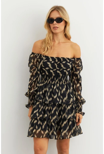 Kadın Ekru-Siyah Volanlı Şifon Mini Elbise KSD2831