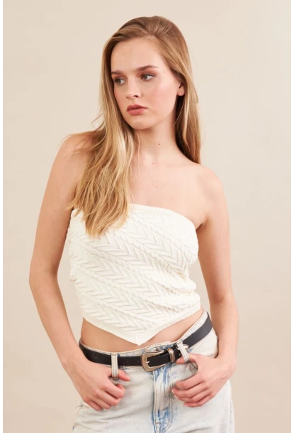 Kadın Ekru Straplez Triko Crop Bluz ZH049