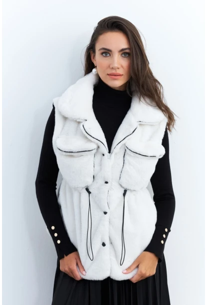 Kadın Ekru Suni Kürk Cepli Yelek MK66