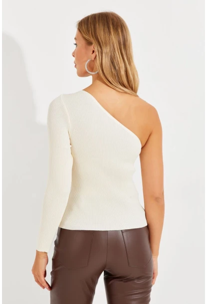 Kadın Ekru Tek Omuz Triko Bluz YV204